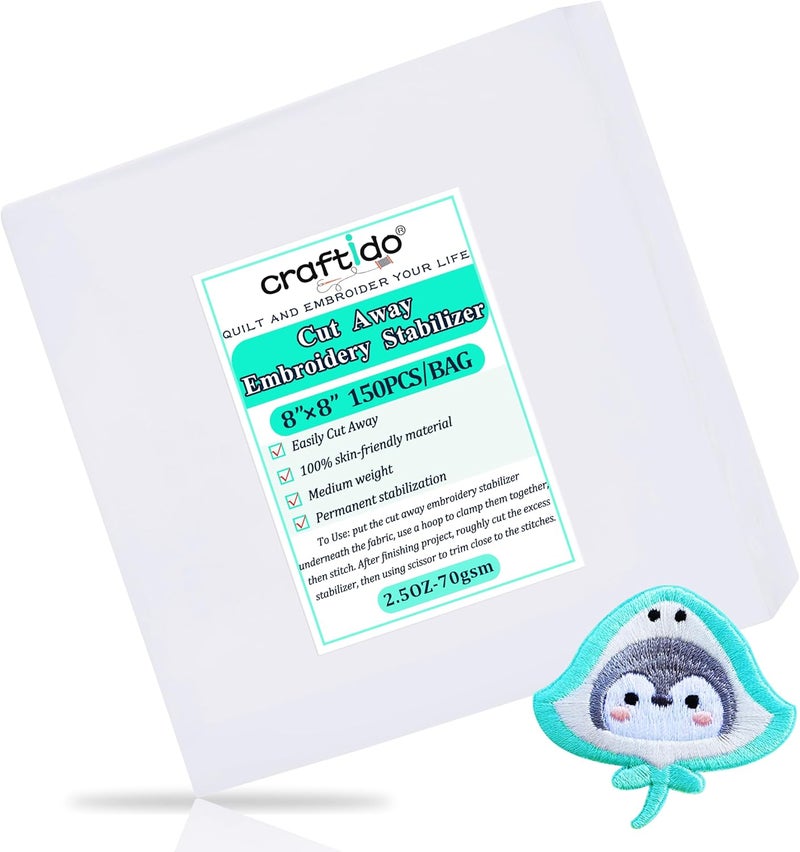 craftido 8"x8" 150 Sheets Cut Away Embroidery Stabilizer Backing for 4x4 and 6x6 Hoops 2.5oz Medium Weight for Machine Embroidery and Hand Sewing - Image 1